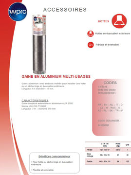 Gaine alu d=150mm cht350 484000008638 pour Hotte Wpro